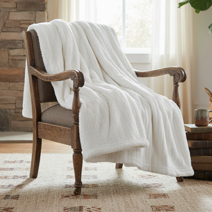 Ivory Faux Fur Sherpa Throw Blanket