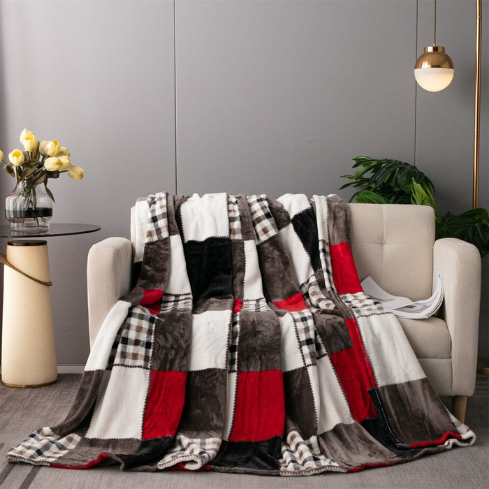 Brown Red Maple Farmhouse Plaid Patchwork Throw Blanket