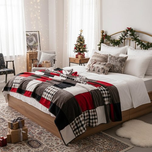 Brown Red Maple Farmhouse Plaid Patchwork Throw Blanket
