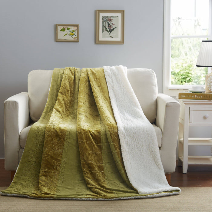 Olive Green Embossed Sherpa Throw Blanket